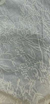Fine white thread embroidery of leafy stems on a pale ground.