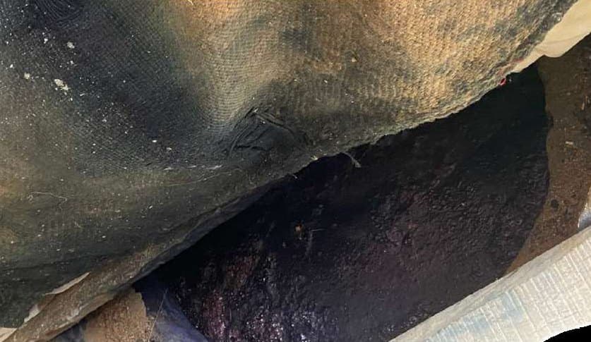 Close-up of dark, dye-soaked cloth with cracked mud still clinging to it.