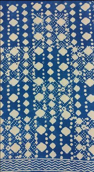 Indigo cloth with columns of resisted diamonds and dots.
