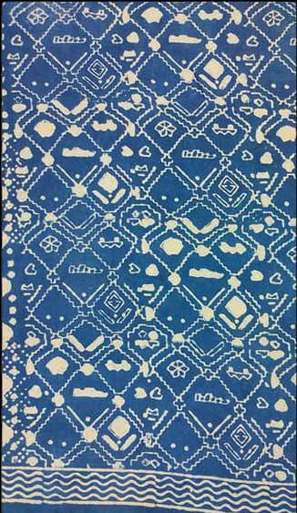 An indigo lattice print scattered with small motifs.