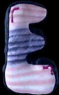 A puffed fabric letter E in pink stripes.