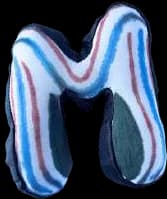 A puffed fabric letter M in pink and blue stripes.