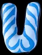 A puffed fabric letter U with blue waves.