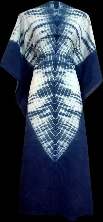 A kaftan dress with a white V of bound resist fading into deep indigo.