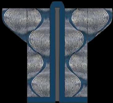 Digital kimono study: swirling concentric waves in grey and blue.