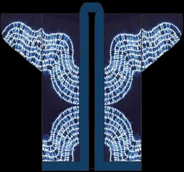 Digital kimono study: stitched wave bands curving across indigo.
