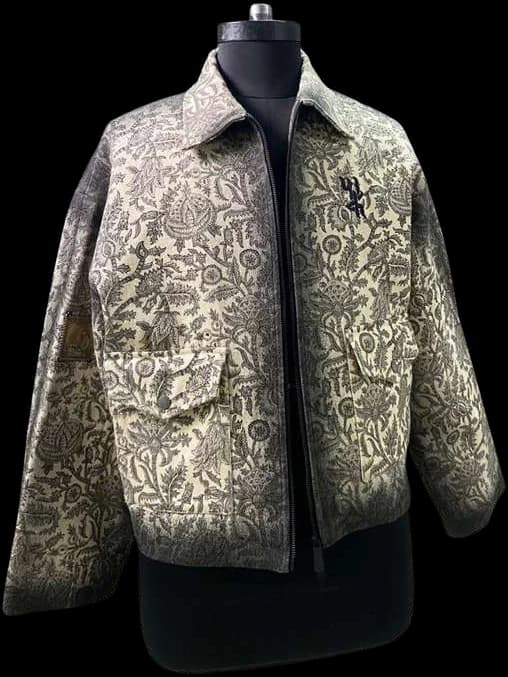 A finished block-printed jacket on a dress form.