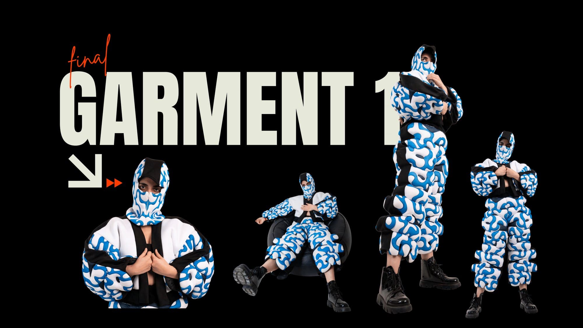 Final garment 01 — The Squiggle Suit, photographed from several angles.
