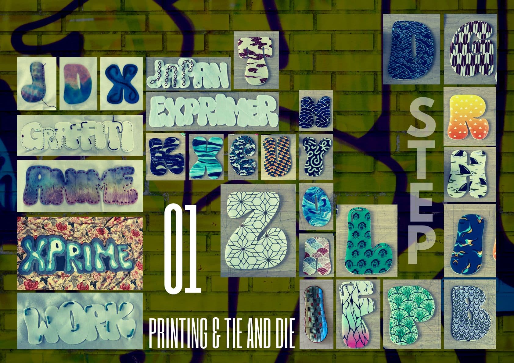 Printed and tie-dyed fabric letters spelling EXPRIMER, GRAFFITI and ANIME.